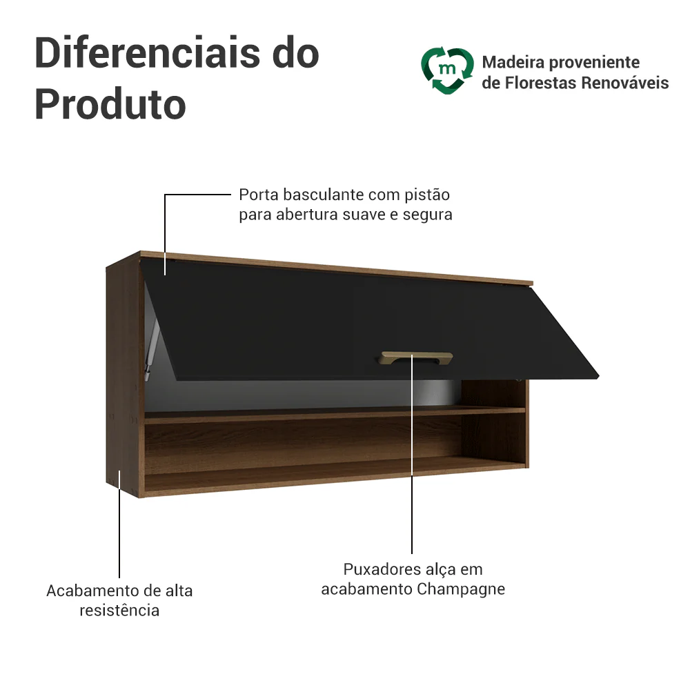 Armário Aéreo 105 cm 1 Porta Basculante Rustic/Preto Lille Madesa - Image 4