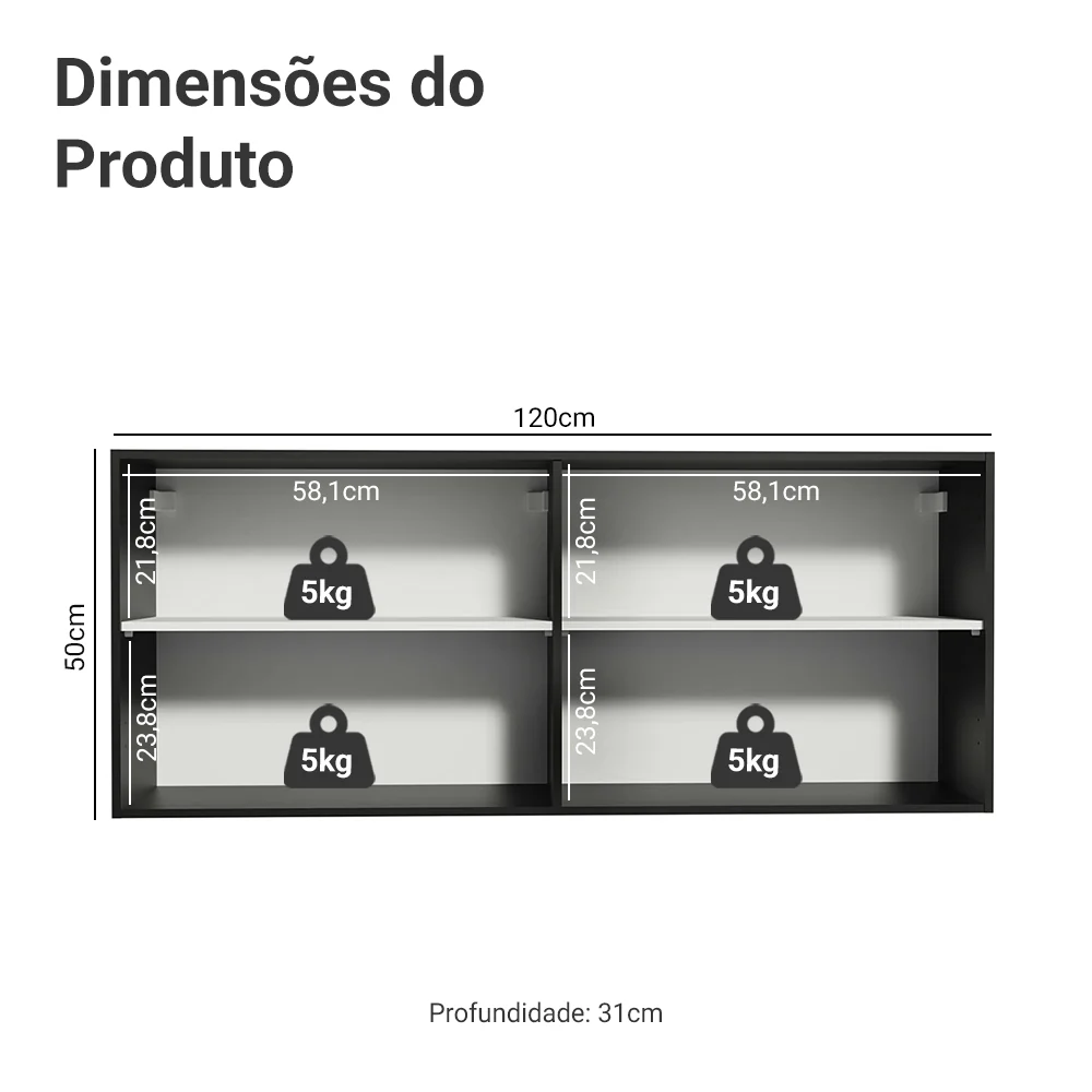 Armário Aéreo de Cozinha 120 x 50 cm 2 Portas Preto Madesa Reims - Image 2