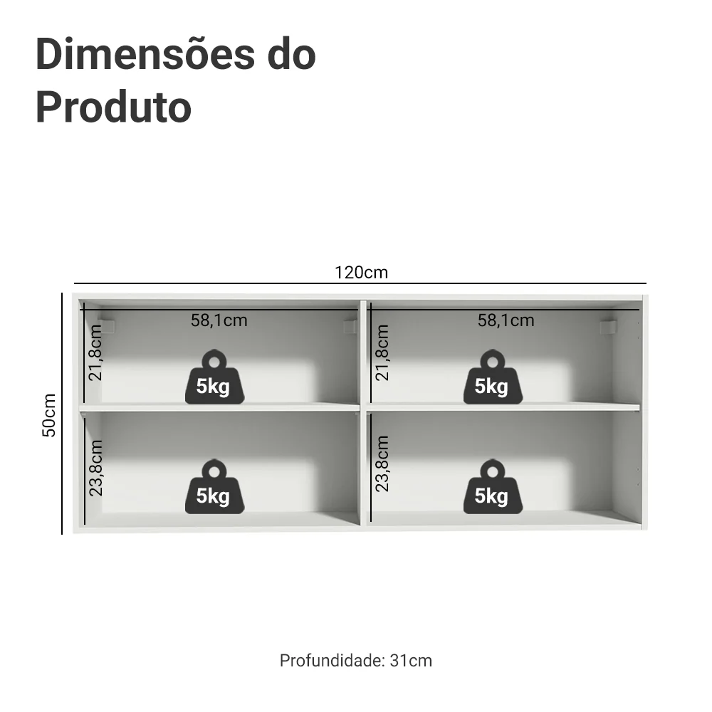 Armário Aéreo 120 x 50 cm 2 Portas Branco Madesa Reims - Image 2