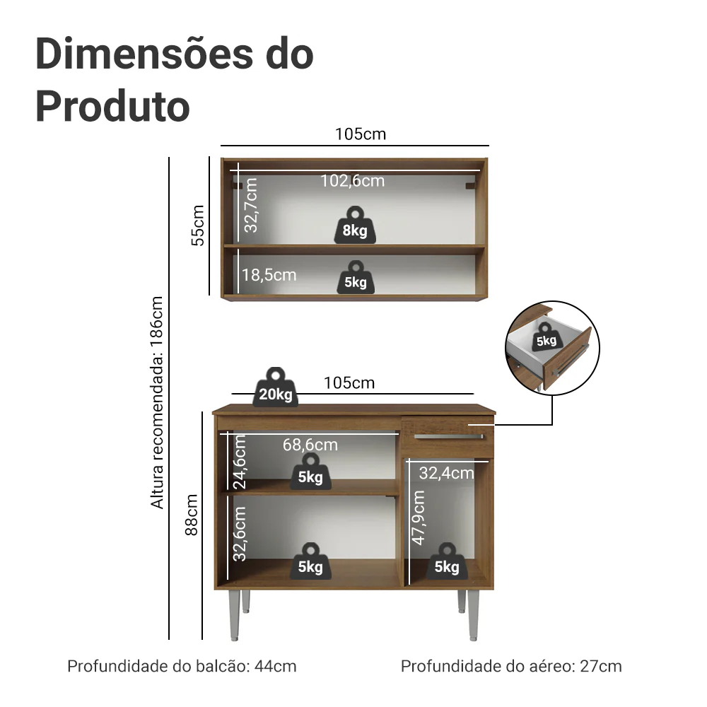 Armário de Cozinha Compacta 105cm Rustic Emilly Madesa 03 - Image 3