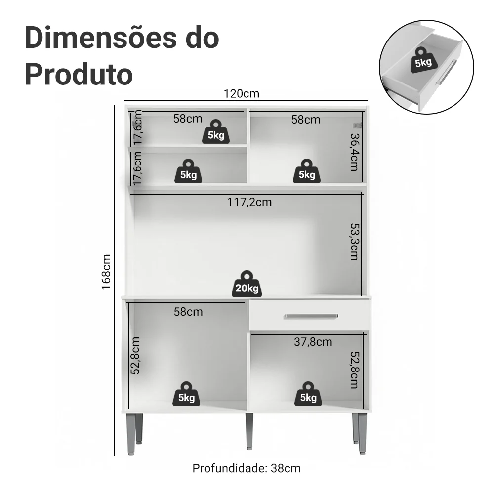 Armário de Cozinha Compacta 120cm Branco Life Madesa - Image 3