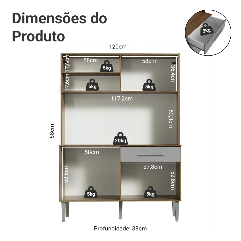 Armário de Cozinha Compacta 120cm Rustic/Cinza Life Madesa - Image 3