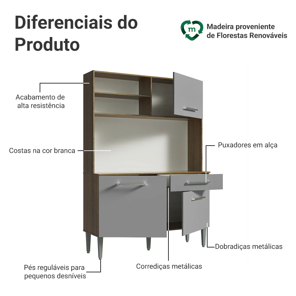 Armário de Cozinha Compacta 120cm Rustic/Cinza Life Madesa - Image 4