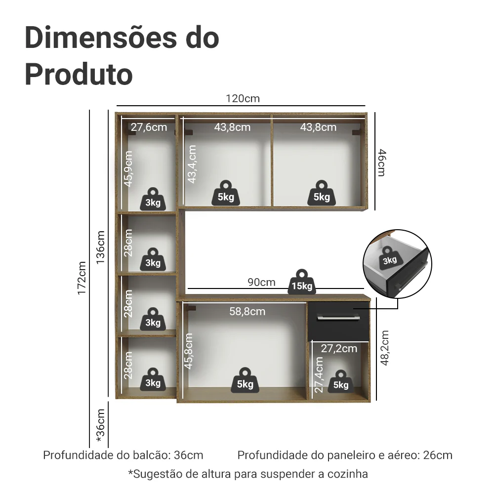 Armário de Cozinha Compacta 120cm Rustic/Preto Easy Madesa - Image 3