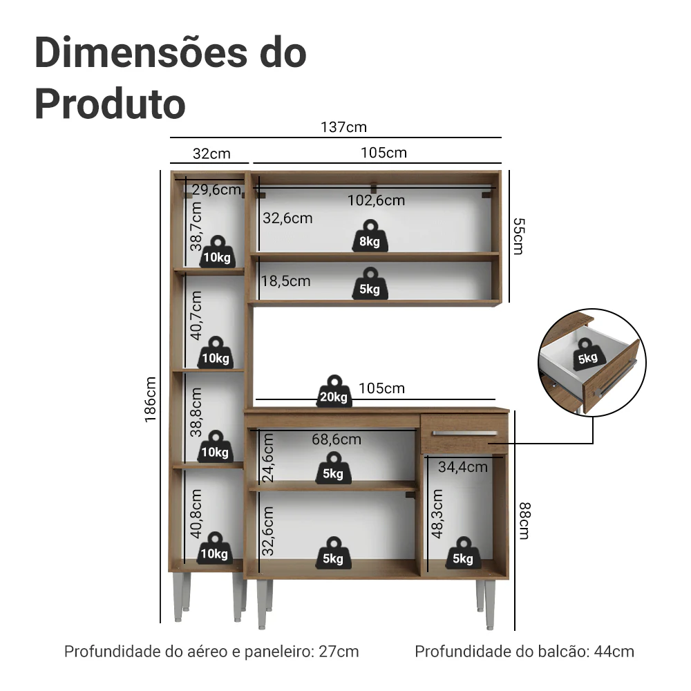Armário de Cozinha Compacta 137 cm Rustic Emilly Madesa 012 - Image 3