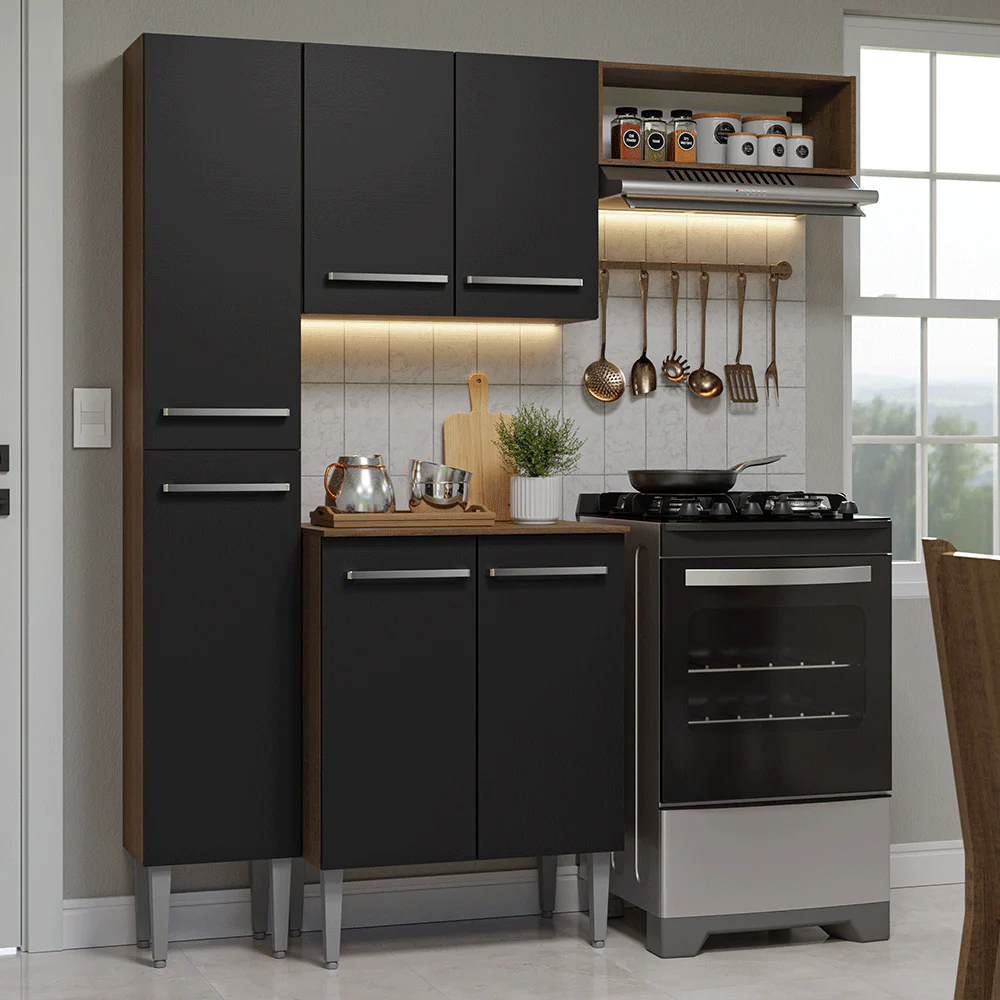 Armário de Cozinha Compacta 156 cm Rustic/Preto Emilly Madesa 01