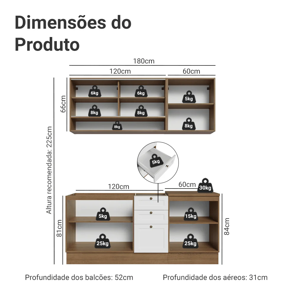 Armário de Cozinha Compacta 180 cm Rustic/Branco Vik Madesa 03 - Image 3