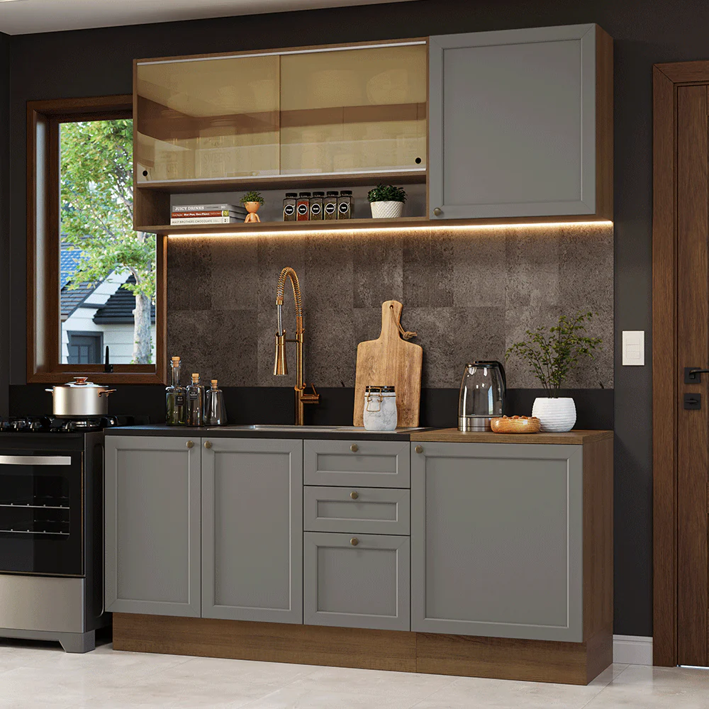 Armário de Cozinha Compacta 180 cm Rustic/Cinza Vik Madesa 04