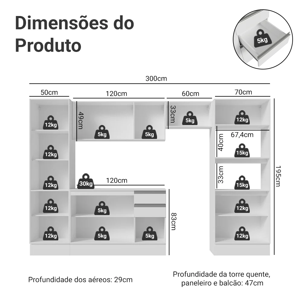 Armário de Cozinha Completa 100% MDF 300cm Branco Smart Madesa 03 - Image 3