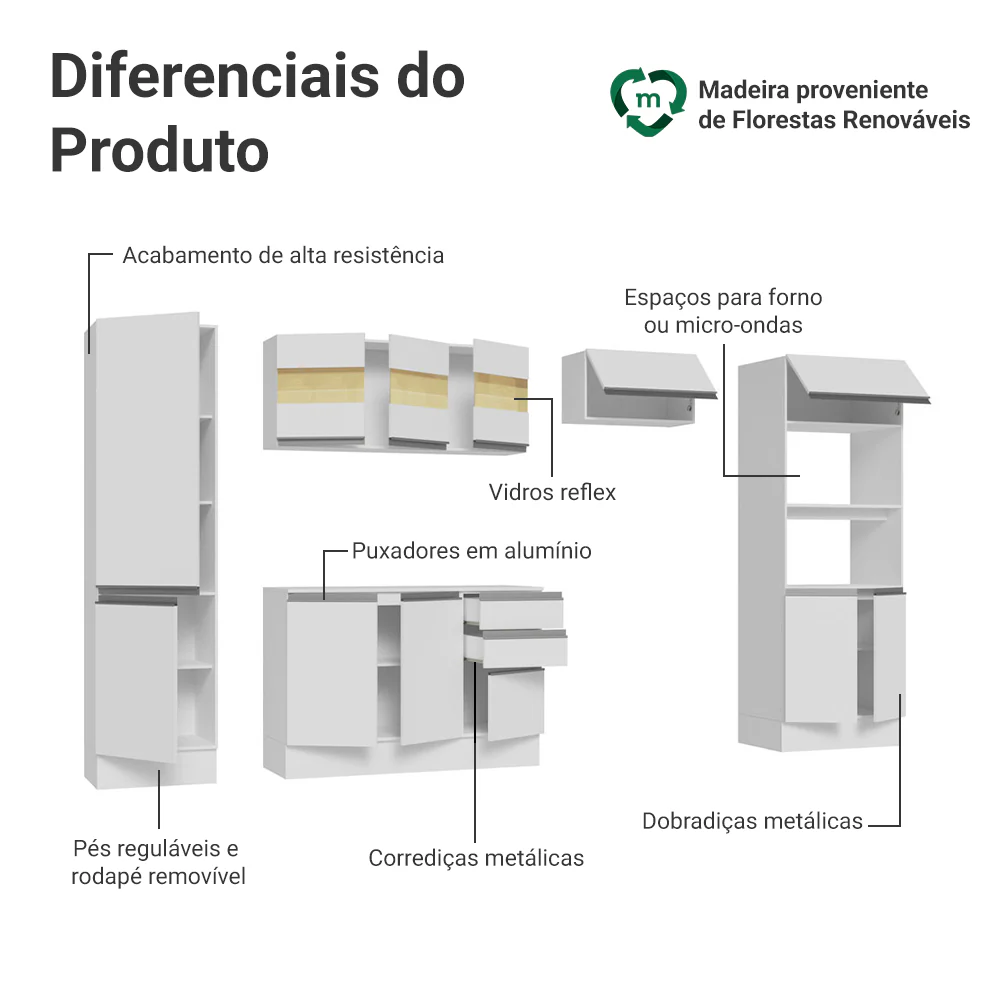 Armário de Cozinha Completa 100% MDF 300cm Branco Smart Madesa 03 - Image 4