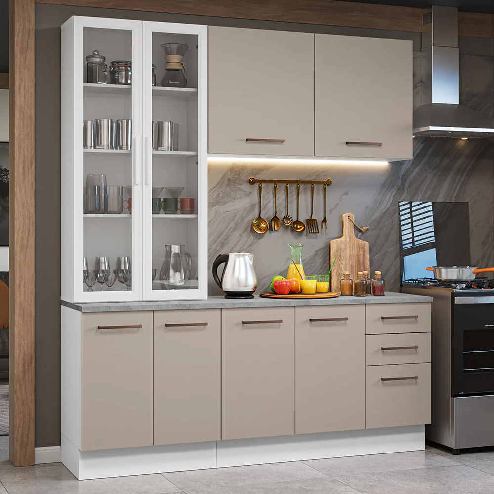Armário de Cozinha Compacta 190cm com Cristaleira Branco/Crema Agata Madesa 01