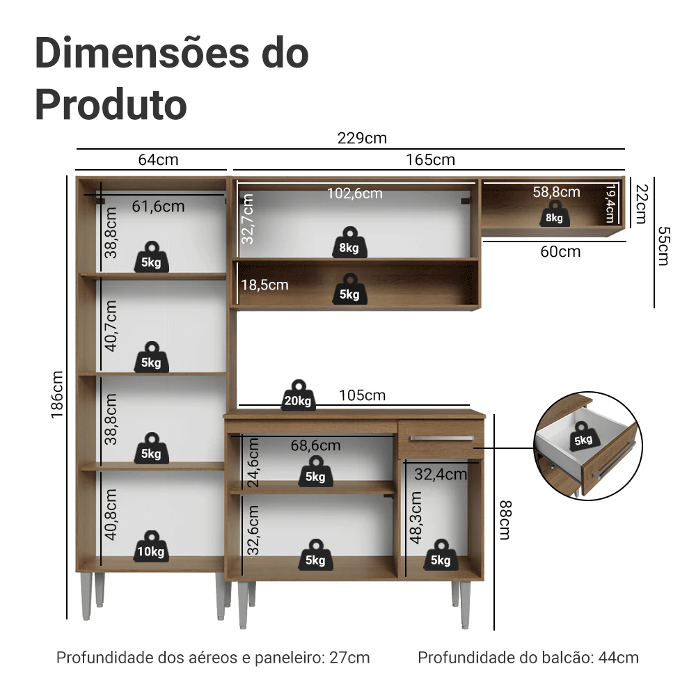 Armário de Cozinha Completa 229cm Rustic Emilly Madesa 016 - Image 3