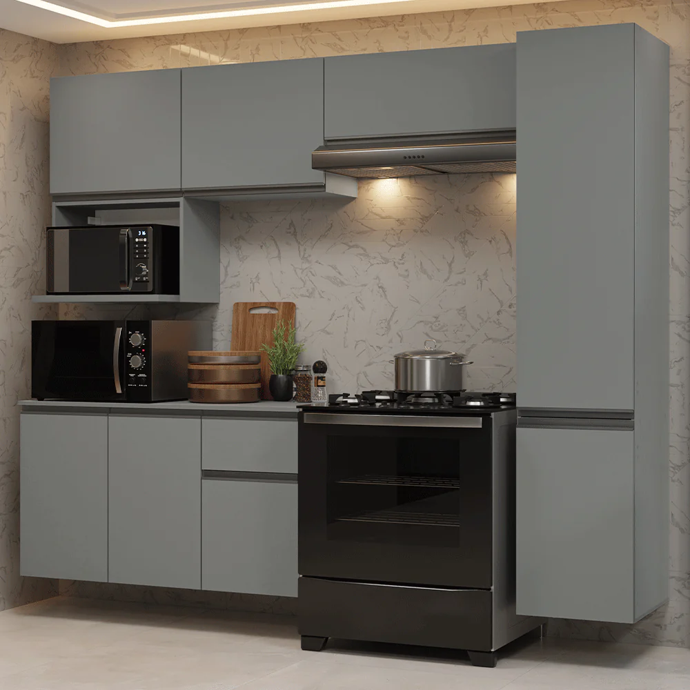 Armário de Cozinha Completa 240 cm Suspensa Cinza Nice Madesa 09