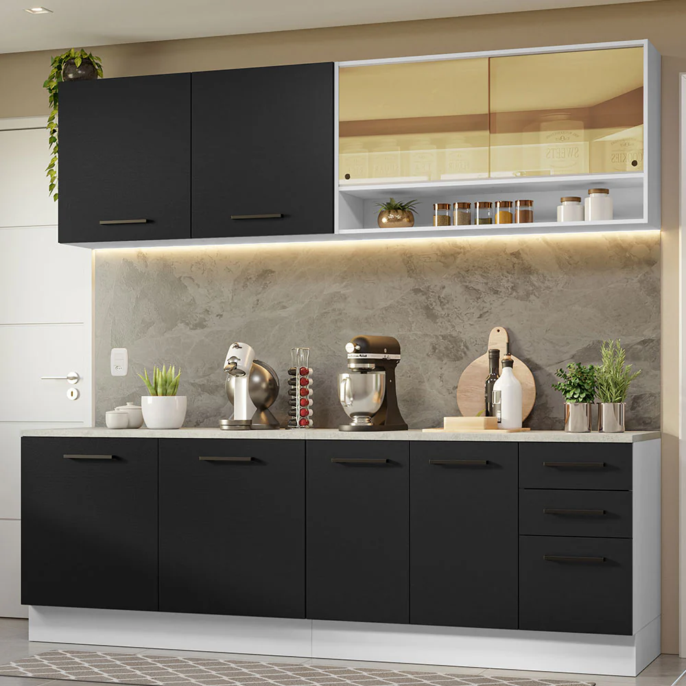 Armário de Cozinha Completa 240cm Branco/Preto 60cm de Profundidade Agata Madesa 01