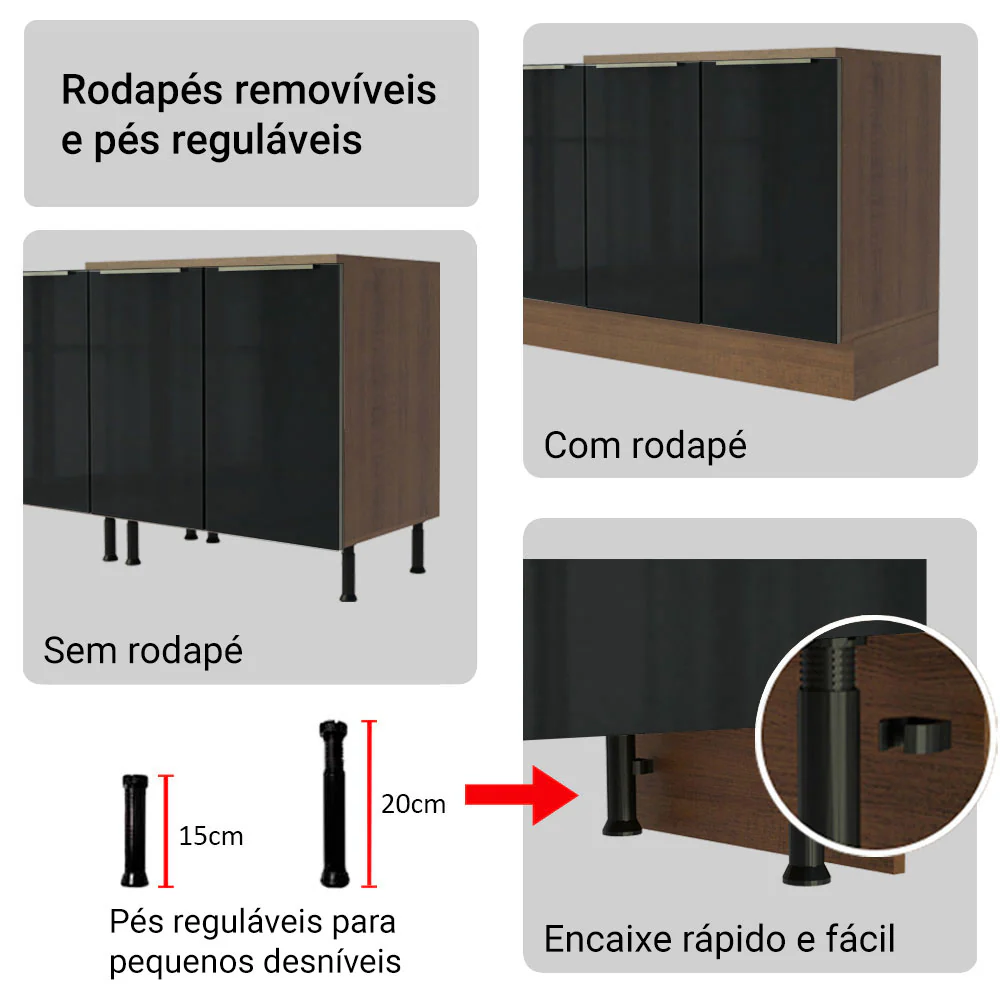 Armário de Cozinha Completa 240 x 60 cm Rustic/Preto Lux Madesa 08 - Image 8
