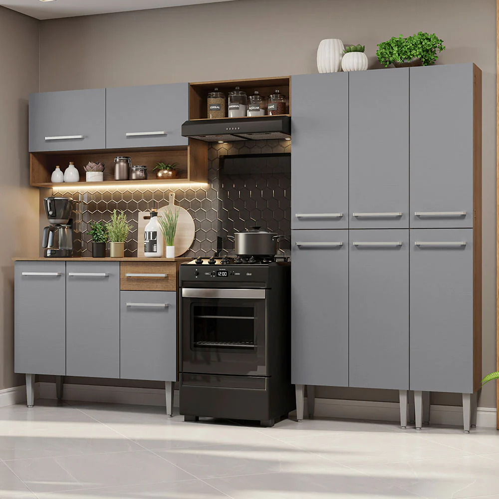 Armário de Cozinha Completa 261cm Rustic/Cinza Emilly Madesa 02