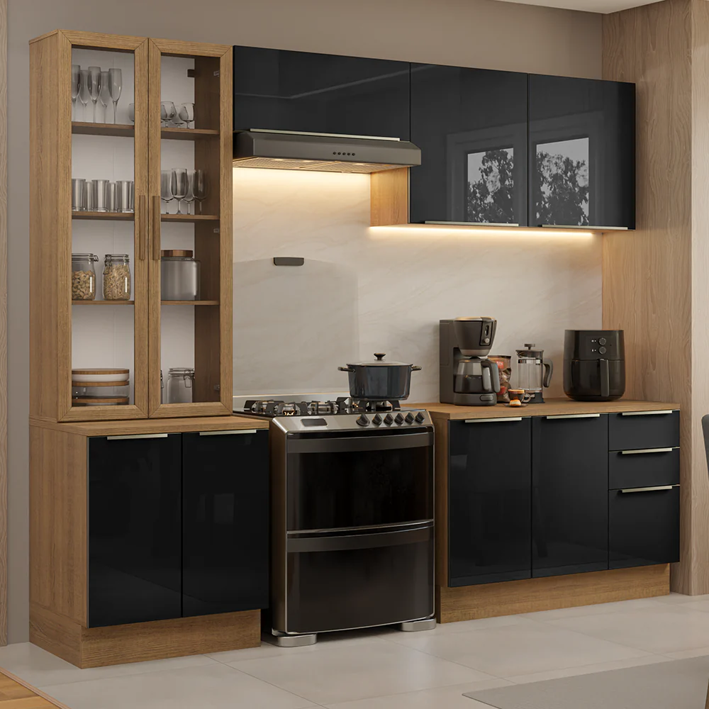 Armário de Cozinha Completa 270 x 60 cm Rustic/Preto Lux Madesa 04