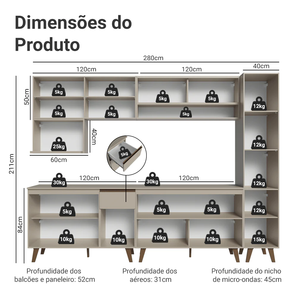 Armário de Cozinha Completa 280 cm Crema Nice Madesa 03 - Image 3