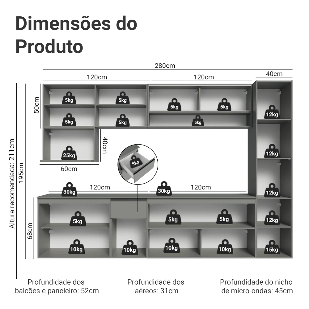 Armário de Cozinha Completa 280 cm Suspensa Cinza Nice Madesa 04 - Image 3