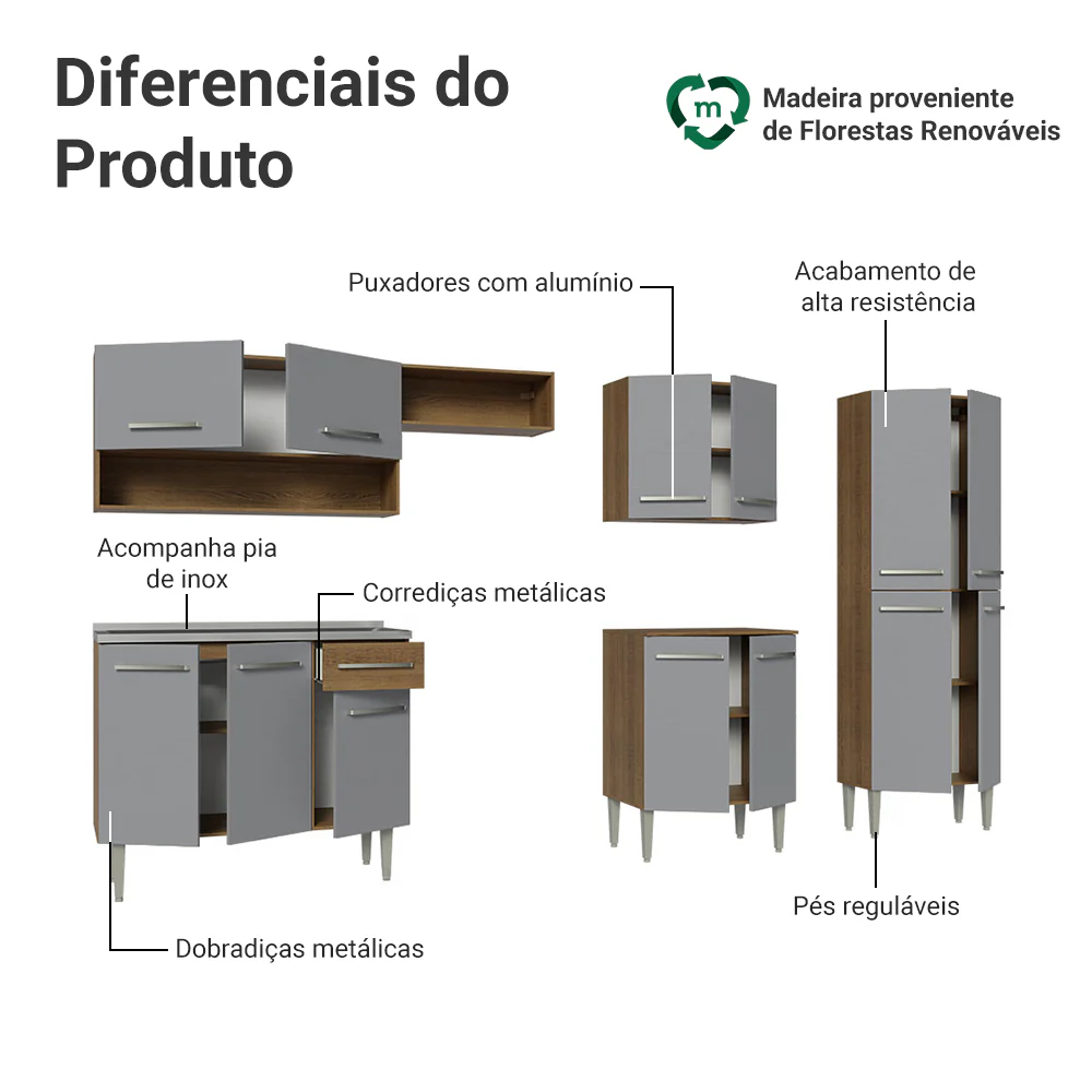 Armário de Cozinha Completa 293cm com Pia Rustic/Cinza Emilly Madesa 09 - Image 4