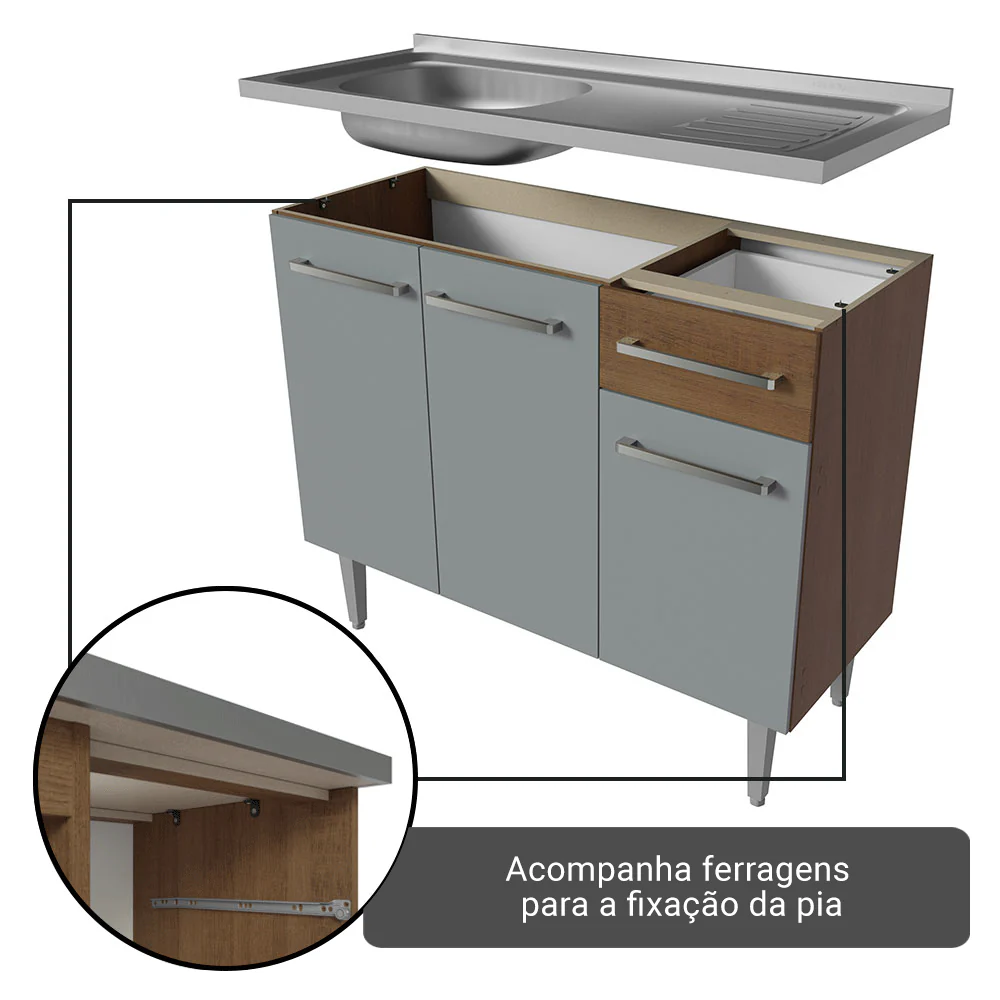 Armário de Cozinha Completa 293cm com Pia Rustic/Cinza Emilly Madesa 09 - Image 7
