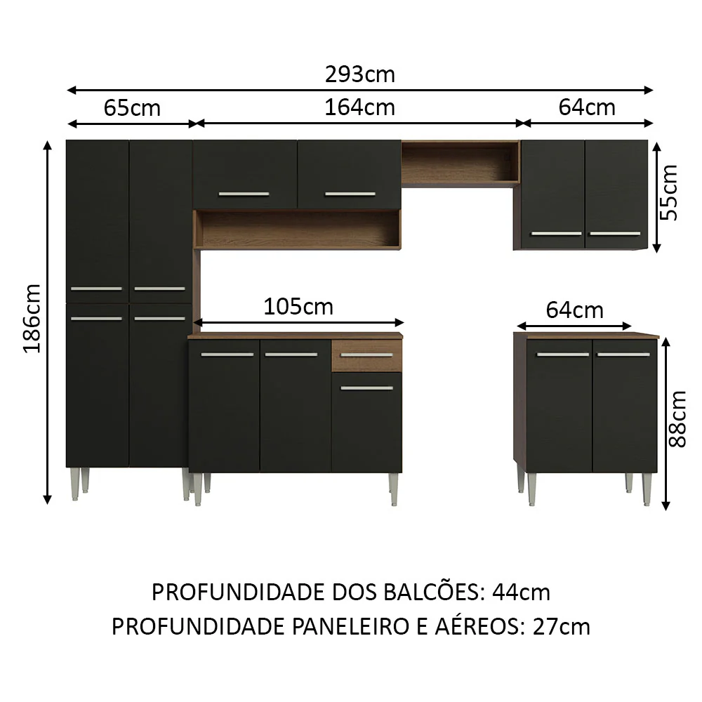 Armário de Cozinha Completa 293cm Rustic/Preto Emilly Madesa 01 XT - Image 3