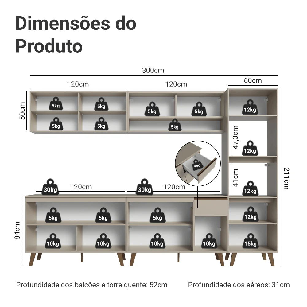 Armário de Cozinha Completa 300 cm Crema Nice Madesa 01 - Image 3