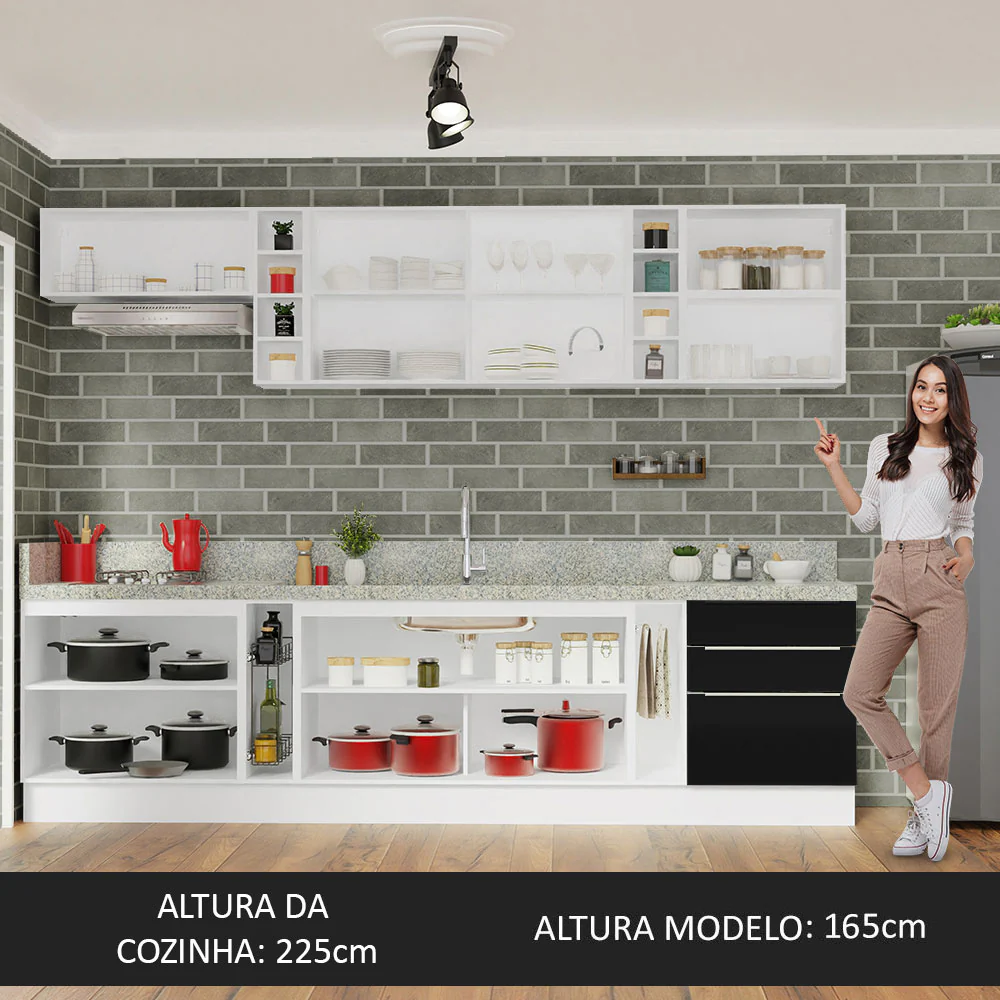 Armário de Cozinha Completa 300 x 60 cm Branco/Preto Lux da Sabrina Madesa - Image 10