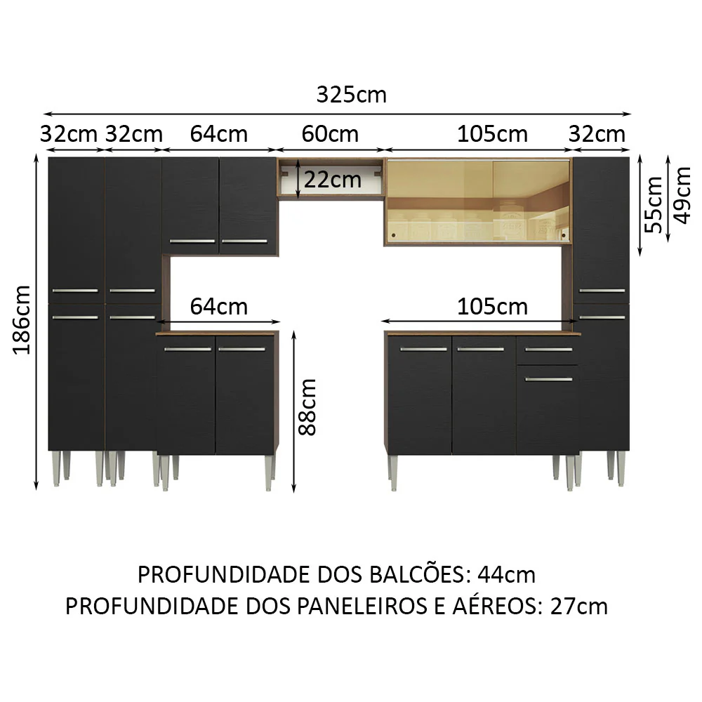 Armário de Cozinha Completa 325cm Rustic/Preto Emilly Madesa 04 - Image 3