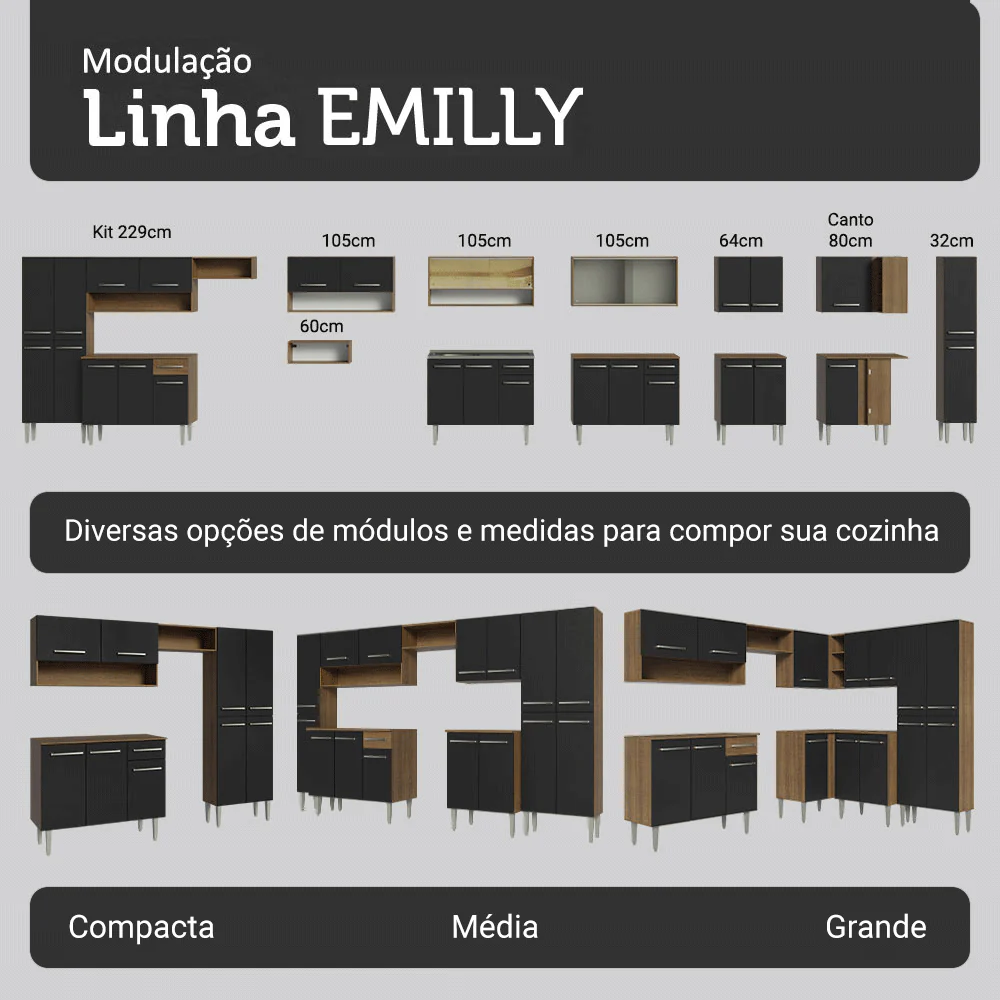 Armário de Cozinha Completa 325cm Rustic/Preto/Rustic Emilly Madesa 02 - Image 8