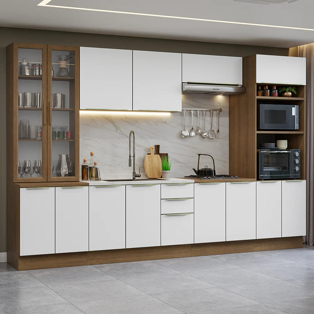 Armário de Cozinha Completa 340 x 60 cm Rustic/Branco Veludo Lux Madesa 02