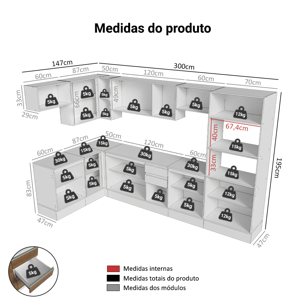 Armário de Cozinha Completa de Canto 100% MDF 447cm Branco/Rustic/Crema Smart Madesa 02 - Image 3