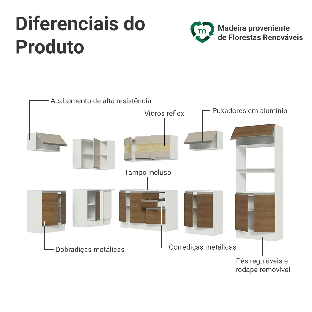 Armário de Cozinha Completa de Canto 100% MDF 447cm Branco/Rustic/Crema Smart Madesa 02 - Image 4