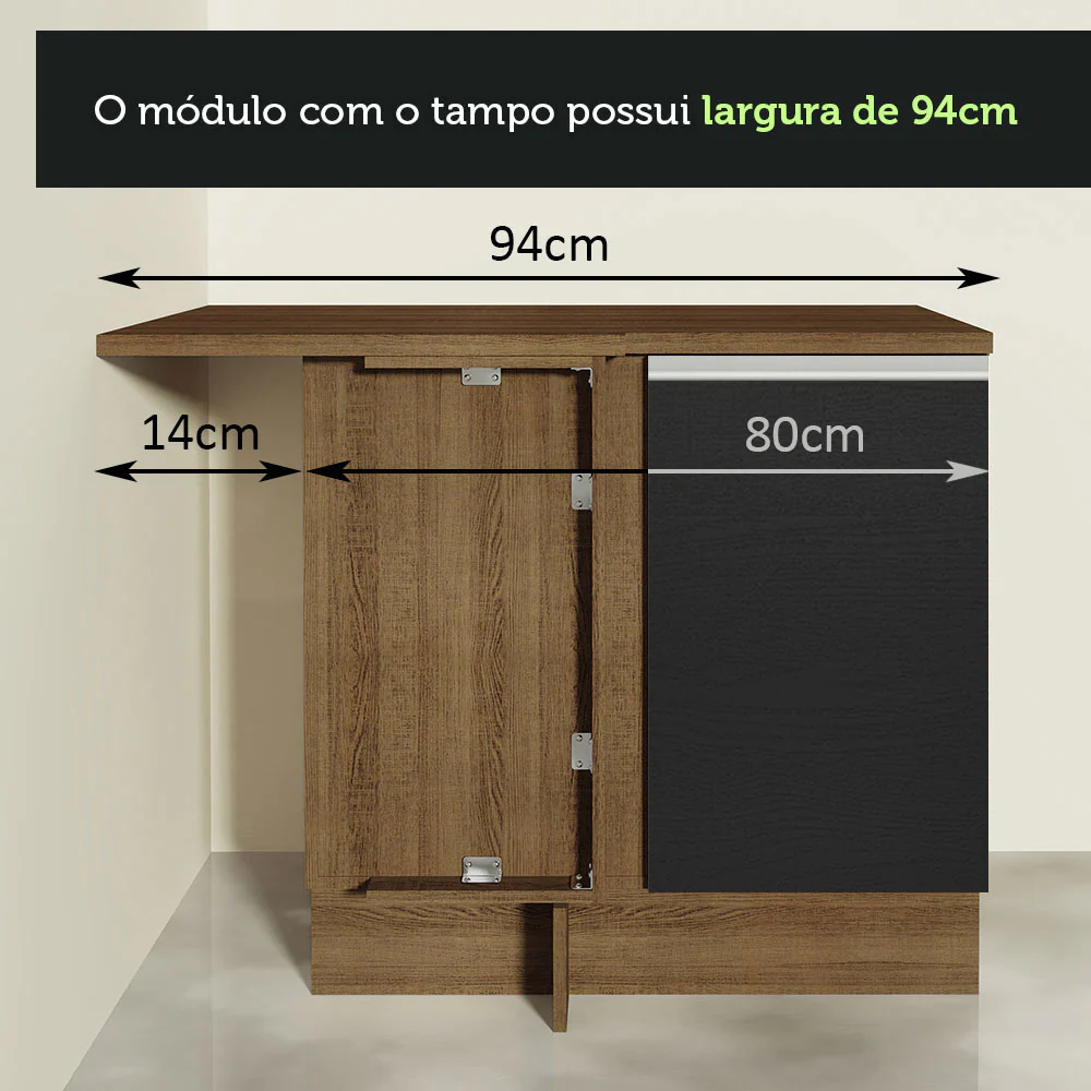 Armário de Cozinha Completa de Canto 349cm Rustic/Preto Glamy Madesa 06 - Image 9