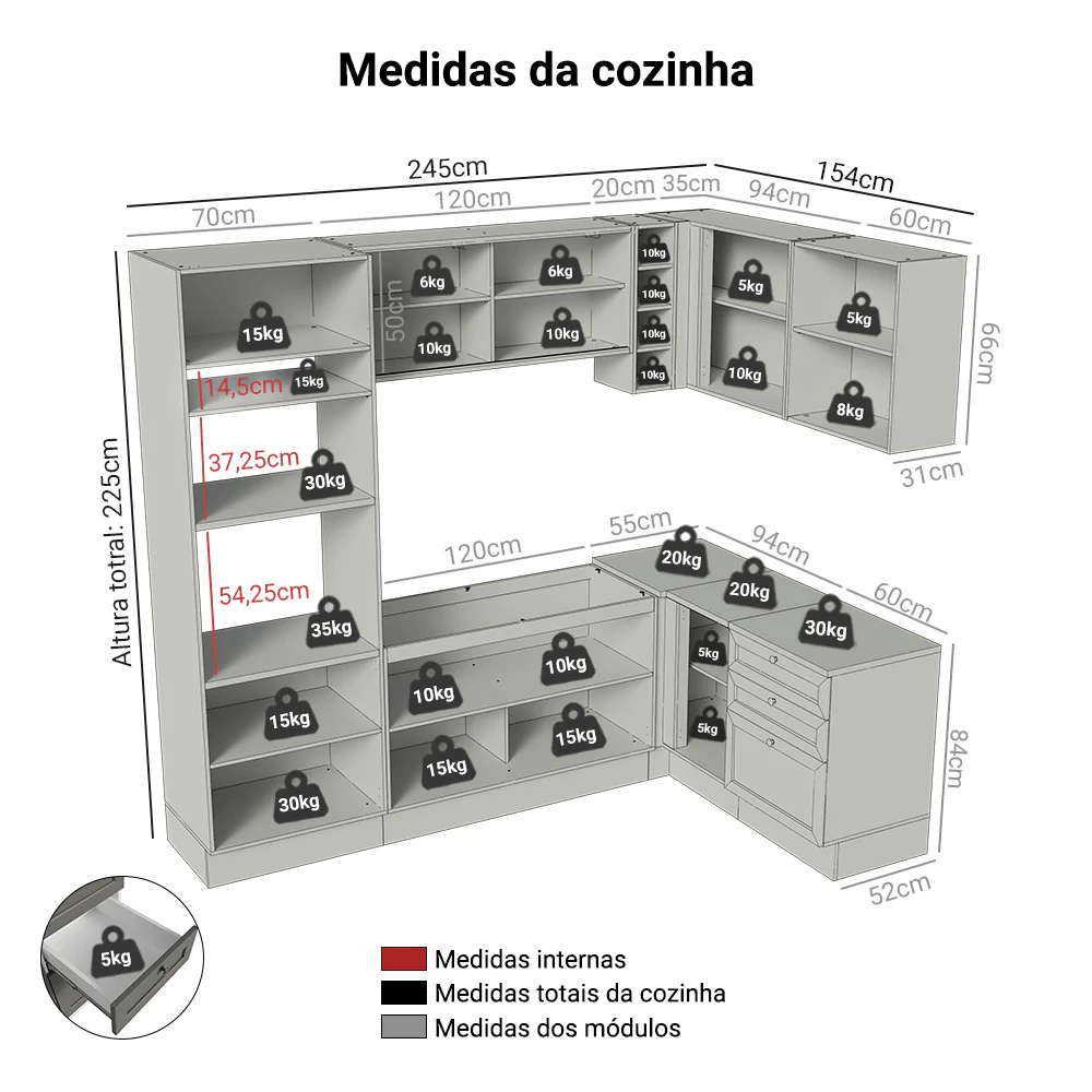 Armário de Cozinha Completa de Canto 399 cm Branco/Cinza Vik Madesa 01 - Image 3