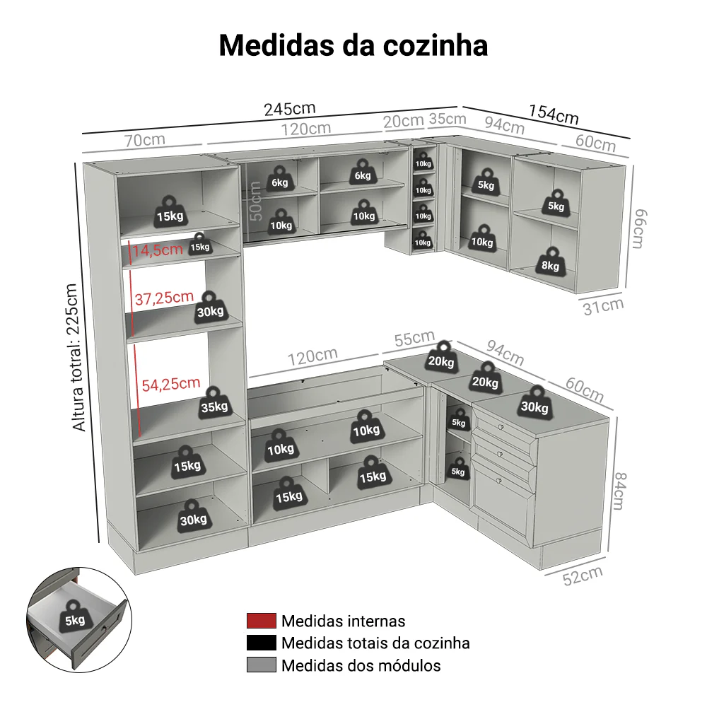 Armário de Cozinha Completa de Canto 399 cm Rustic/Cinza Vik Madesa 02 - Image 3