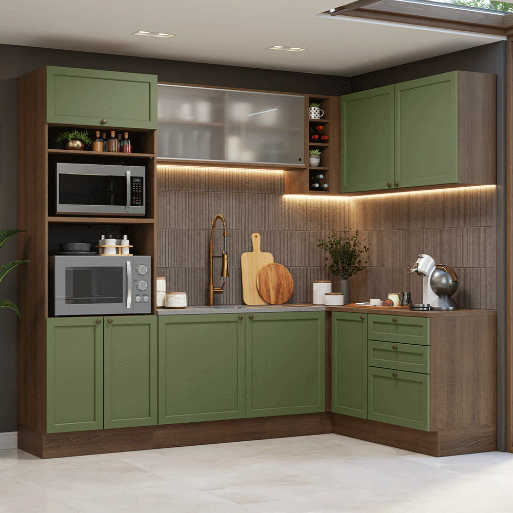 Armário de Cozinha Completa de Canto 399 cm Rustic/Verde Vik Madesa 01