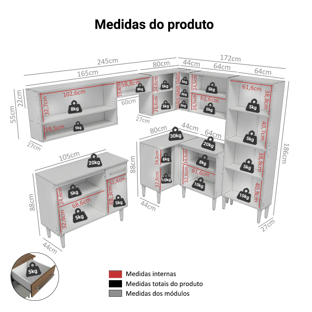 Armário de Cozinha Completa de Canto 417cm Cinza/Rustic Emilly Madesa 02 - Image 3