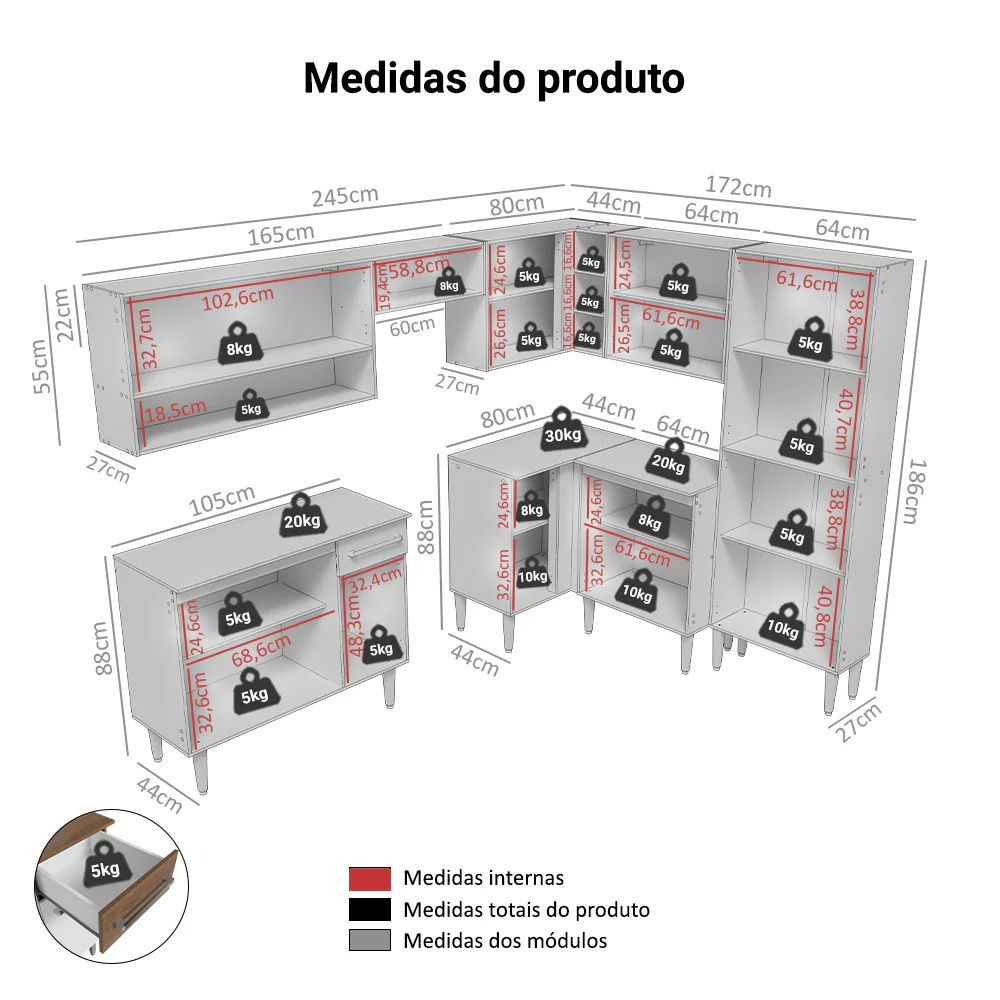 Armário de Cozinha Completa de Canto 417cm Rustic/Branco Emilly Madesa 02 - Image 3