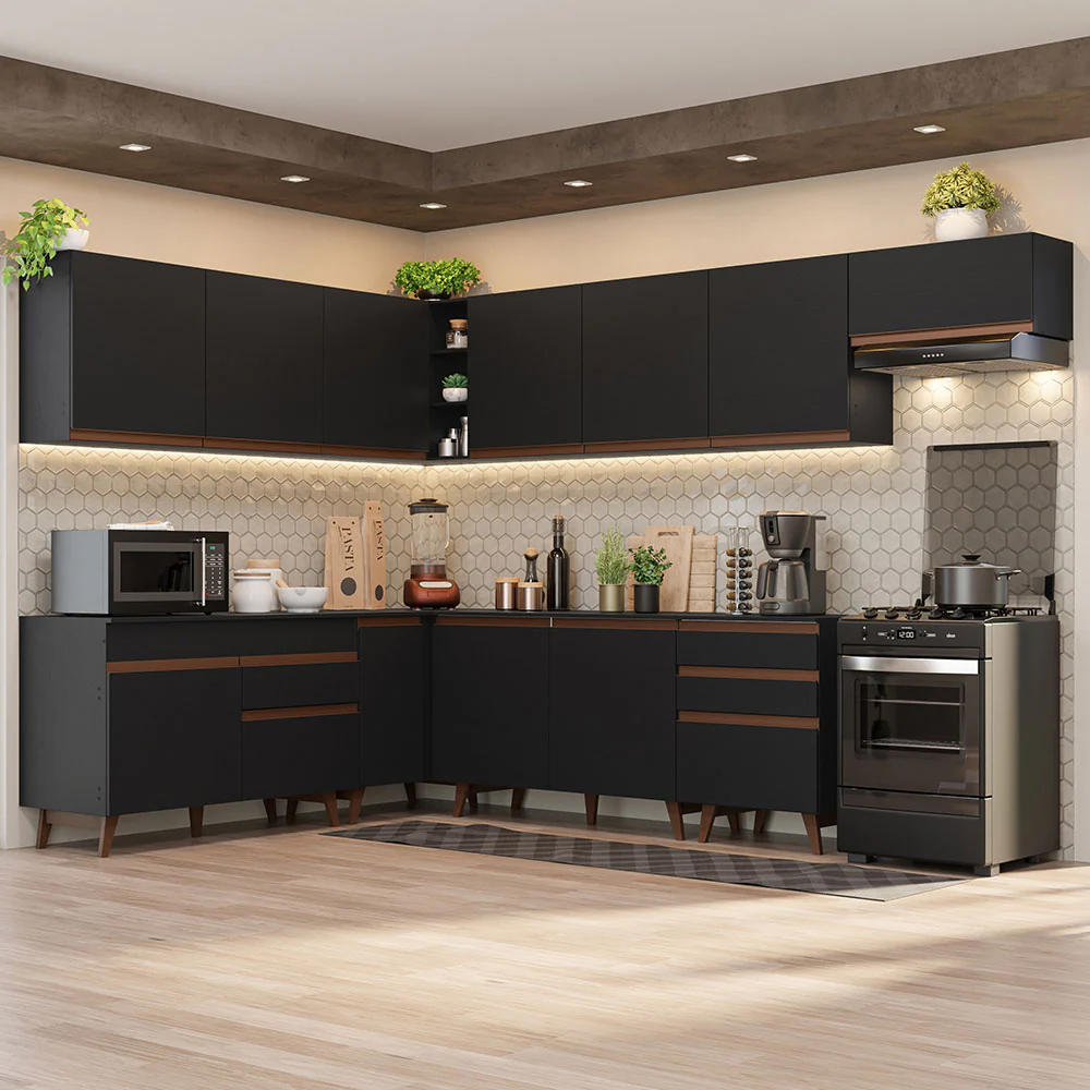 Armário de Cozinha Completa de Canto 512cm Preto Reims Madesa 01