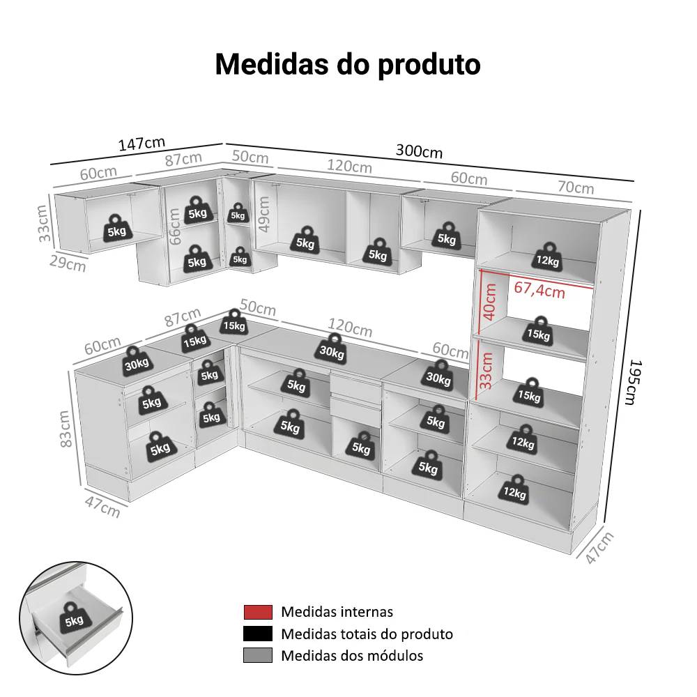 Armário de Cozinha Completa de Canto 100% MDF 447cm Frentes Branco Smart Madesa 02 - Image 3