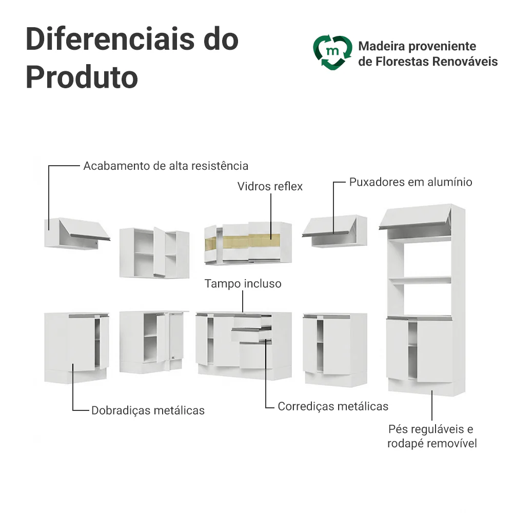 Armário de Cozinha Completa de Canto 100% MDF 447cm Frentes Branco Smart Madesa 02 - Image 4