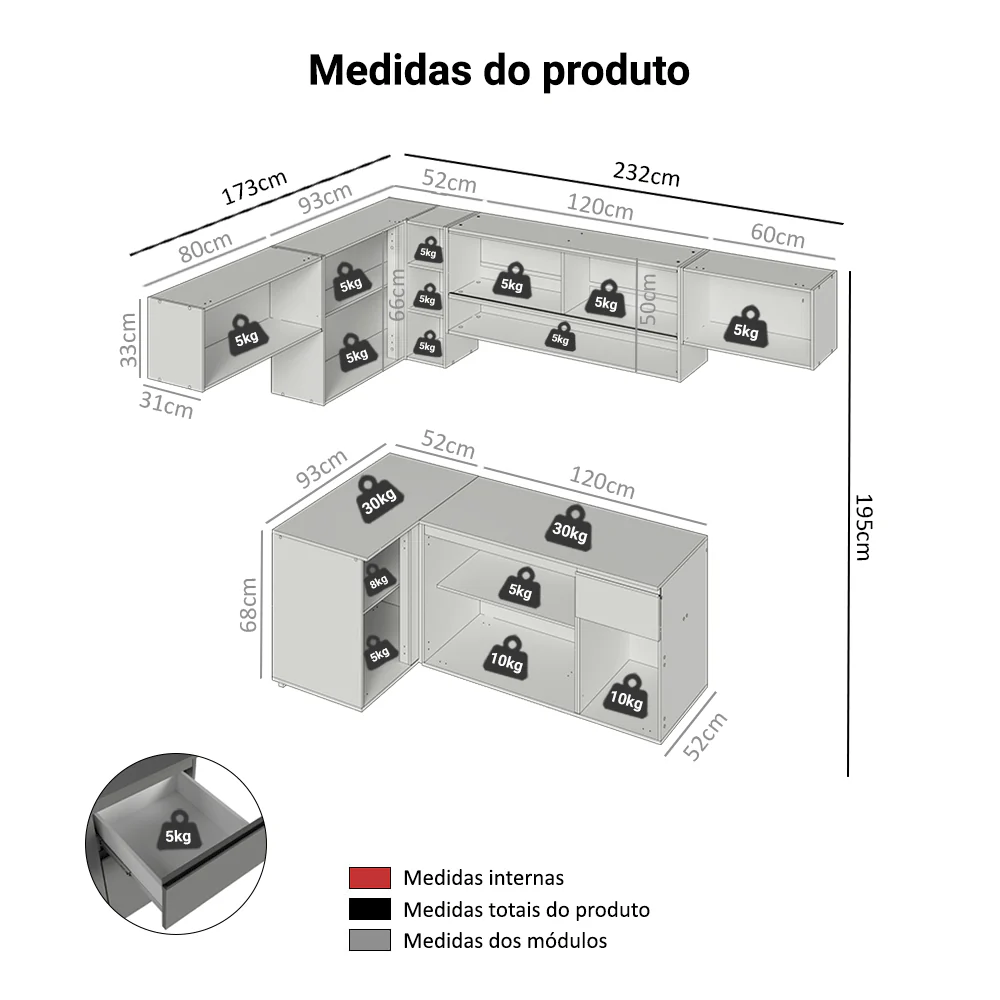 Armário de Cozinha Completa de Canto Suspenso 405cm Cinza Nice Madesa 03 - Image 3