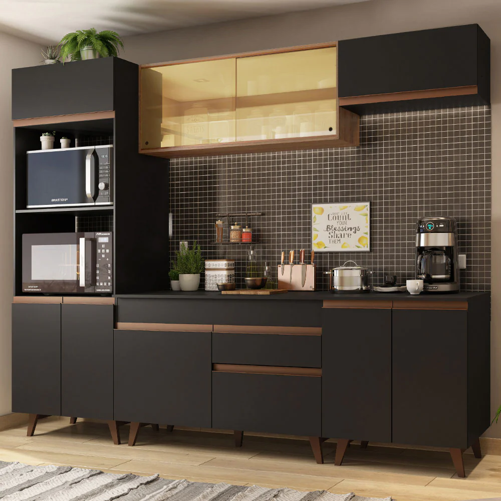 Armário de Cozinha Completa 260cm Preto/Rustic Reims Madesa 02