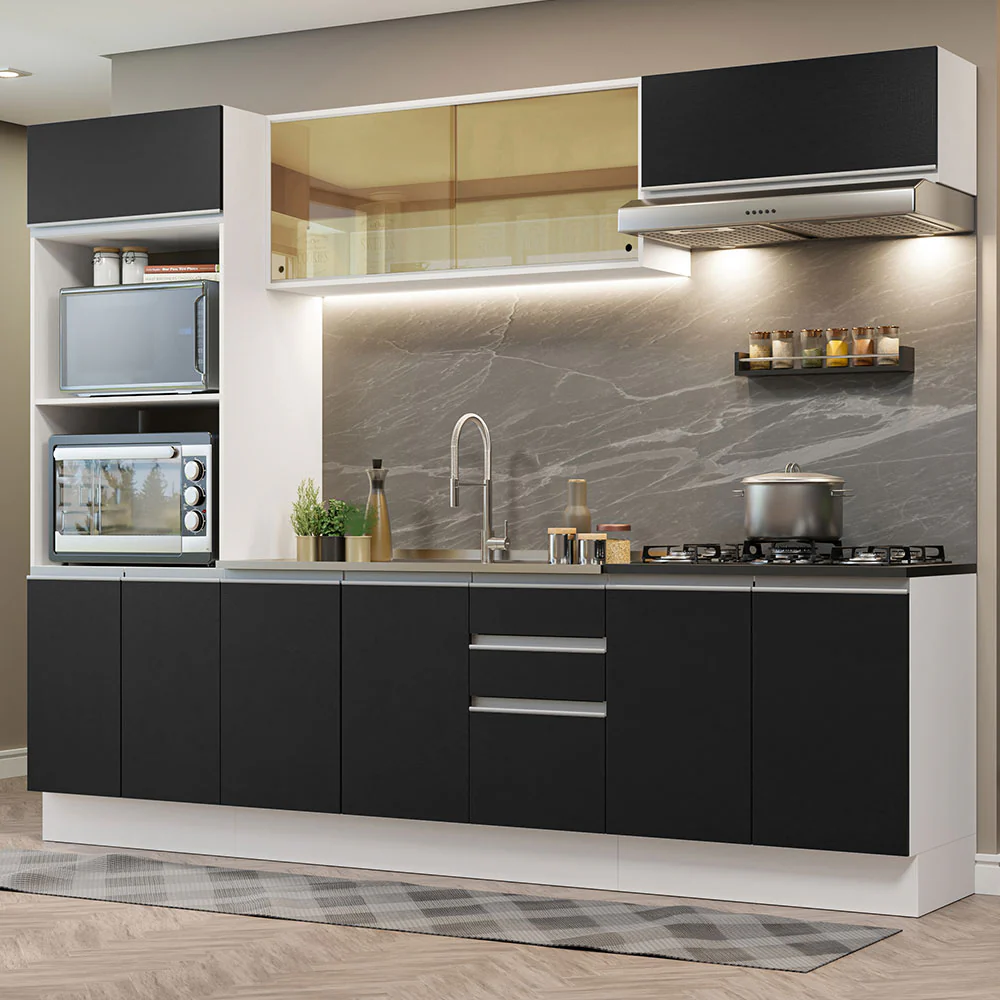 Armário de Cozinha Completa 100% MDF 270cm Branco/Preto Acordes Madesa 07