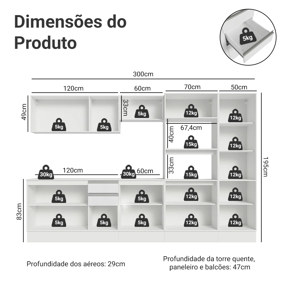 Armário de Cozinha Completa 100% MDF 300cm Branco Smart Madesa 02 - Image 3