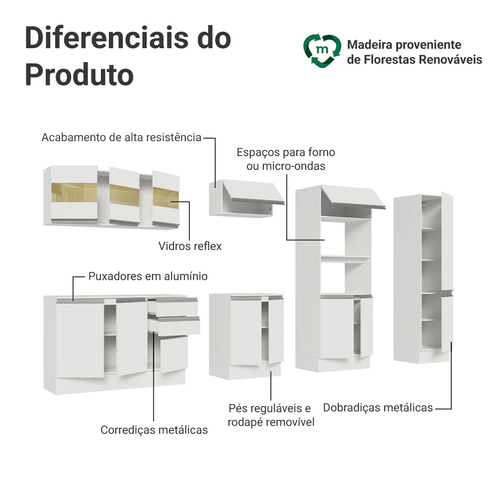 Armário de Cozinha Completa 100% MDF 300cm Branco Smart Madesa 02 - Image 4