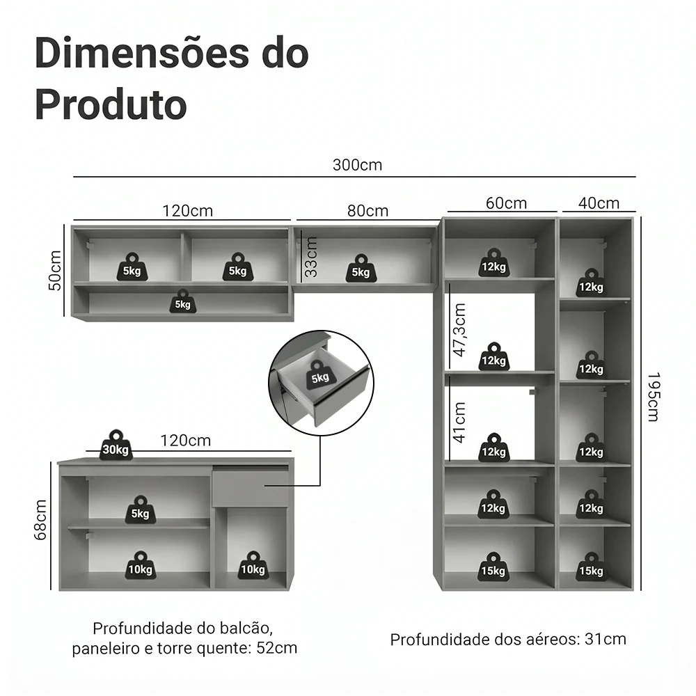 Armário de Cozinha Completa Suspenso 300cm Cinza Nice Madesa 06 - Image 3