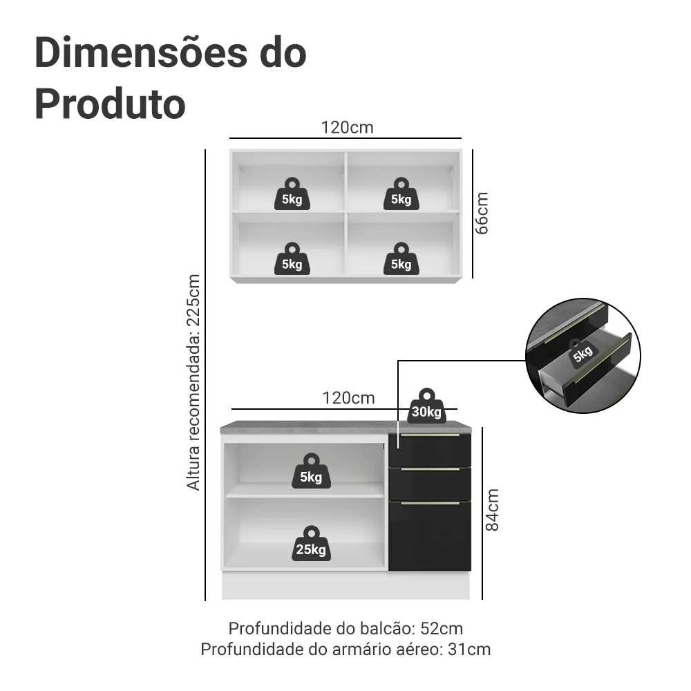 Armário de Cozinha Compacta 120 cm Branco/Preto Lux Madesa 01 - Image 3