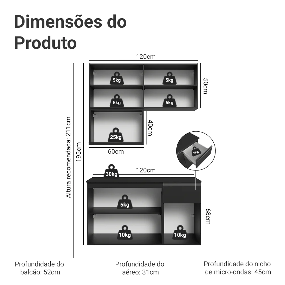 Armário de Cozinha Compacta 120 cm Suspenso Preto Nice Madesa 06 - Image 3